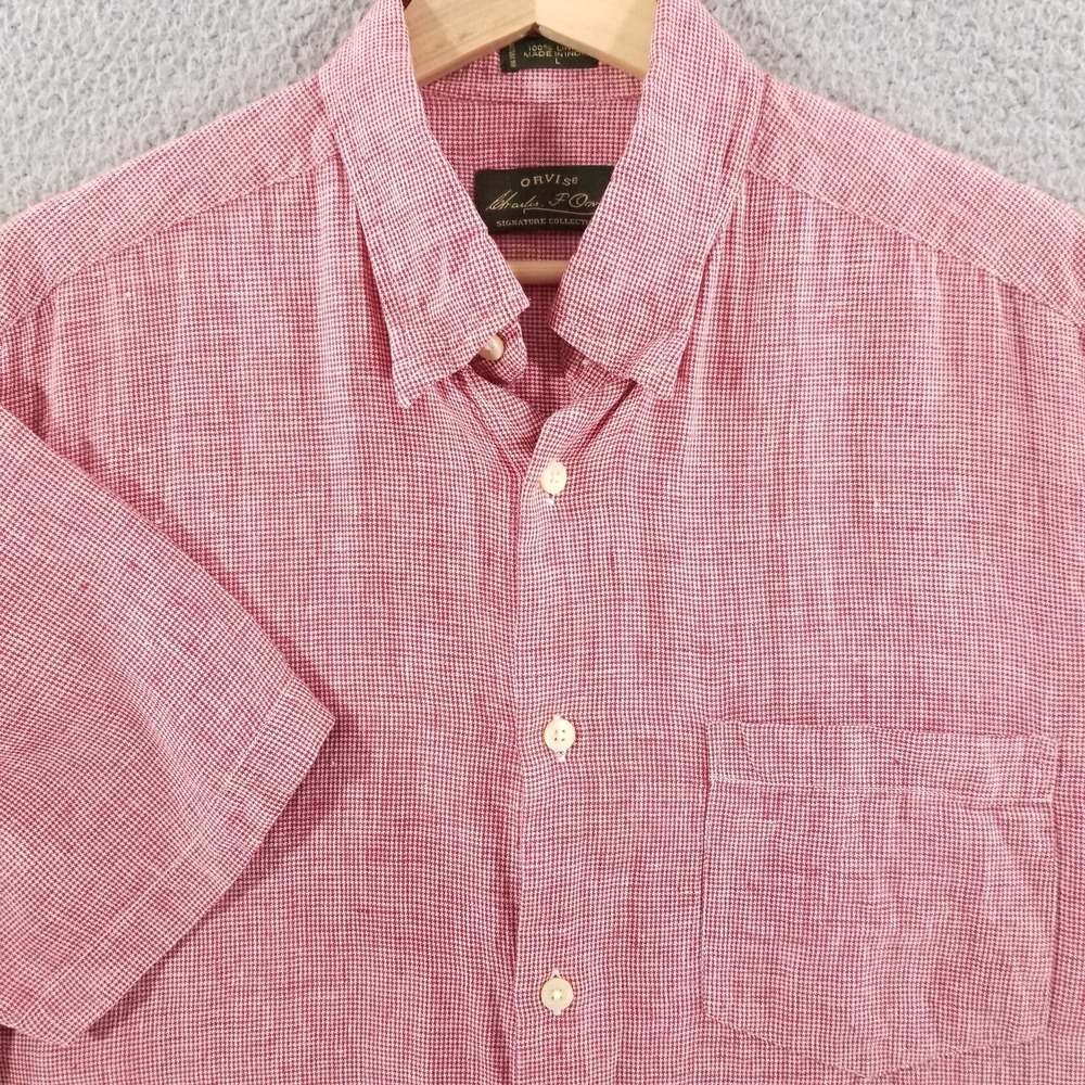 Orvis Shirt Men Large Red Linen Houndstooth Lightweight Camp Summer Beach Hiking